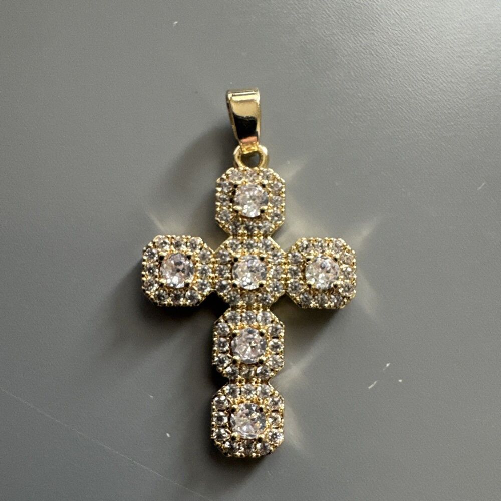 Gold Plated Cubic Zirconia Studded Cross Pendant 18 Inch Expandable Necklace